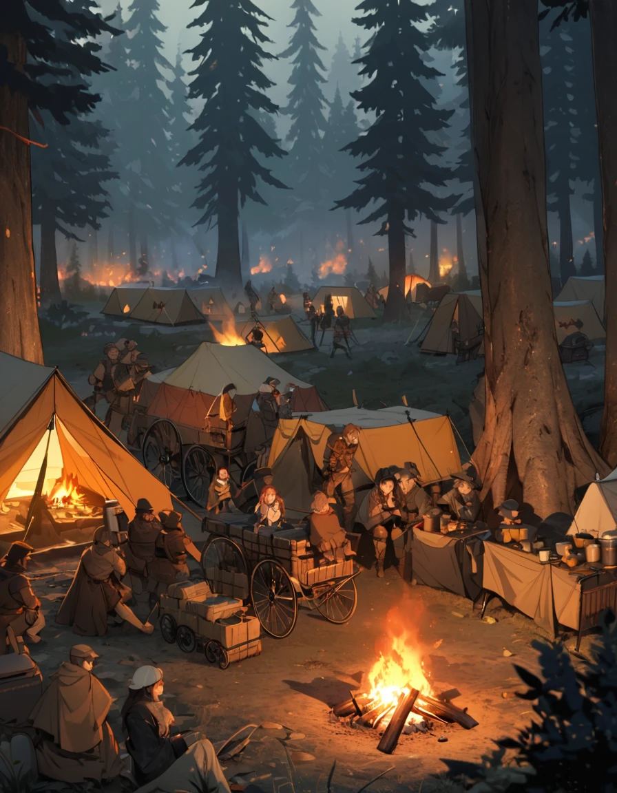 A molded steel cage box covered in leather, surrounded by bandits, double carriage, camp fire, middle of the forest, tent, bird&#39;s view angle, black fantasy, cinematic lighting