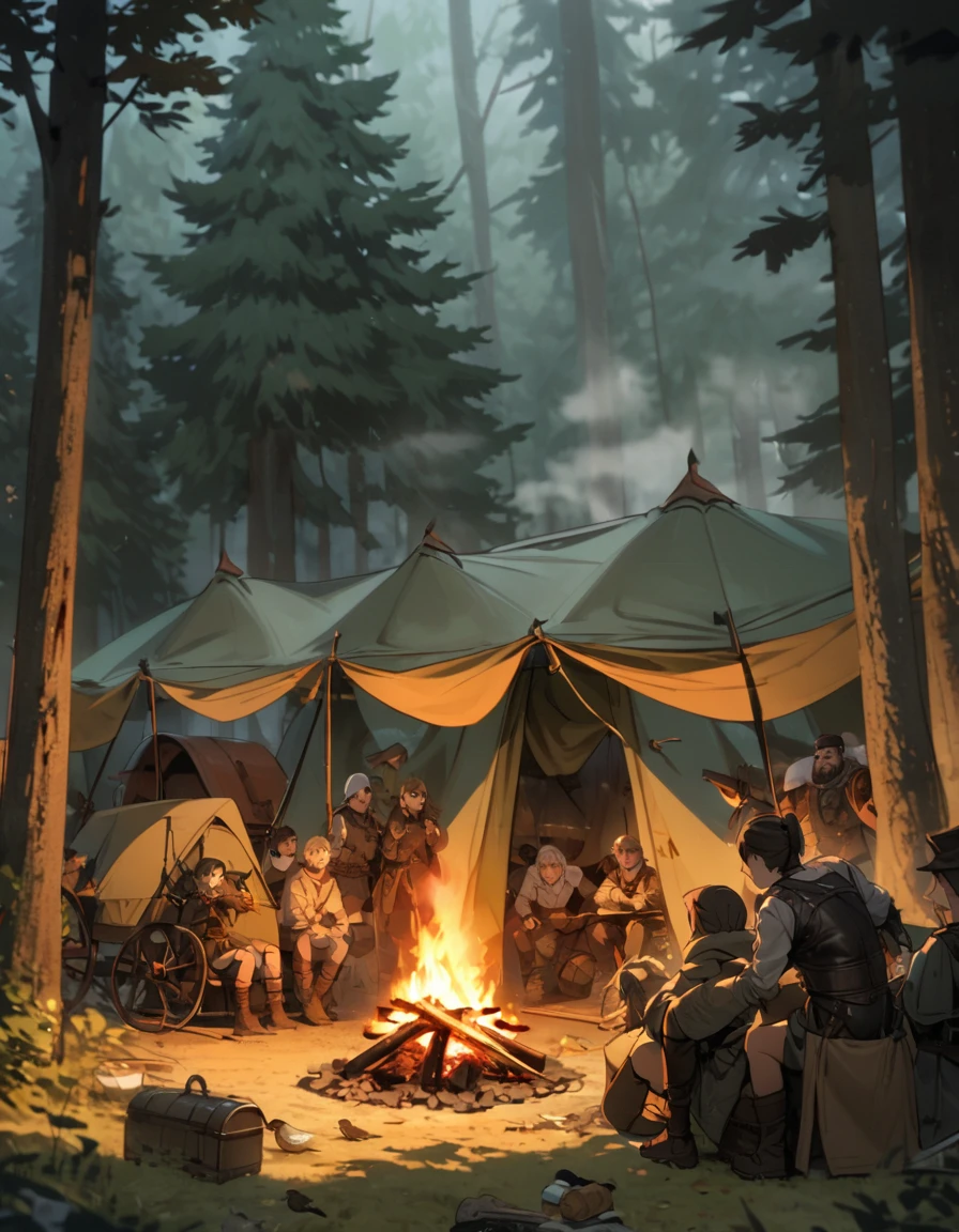 A molded steel cage box covered in leather, surrounded by bandits, double carriage, camp fire, middle of the forest, tent, bird's view angle, black fantasy, cinematic lighting