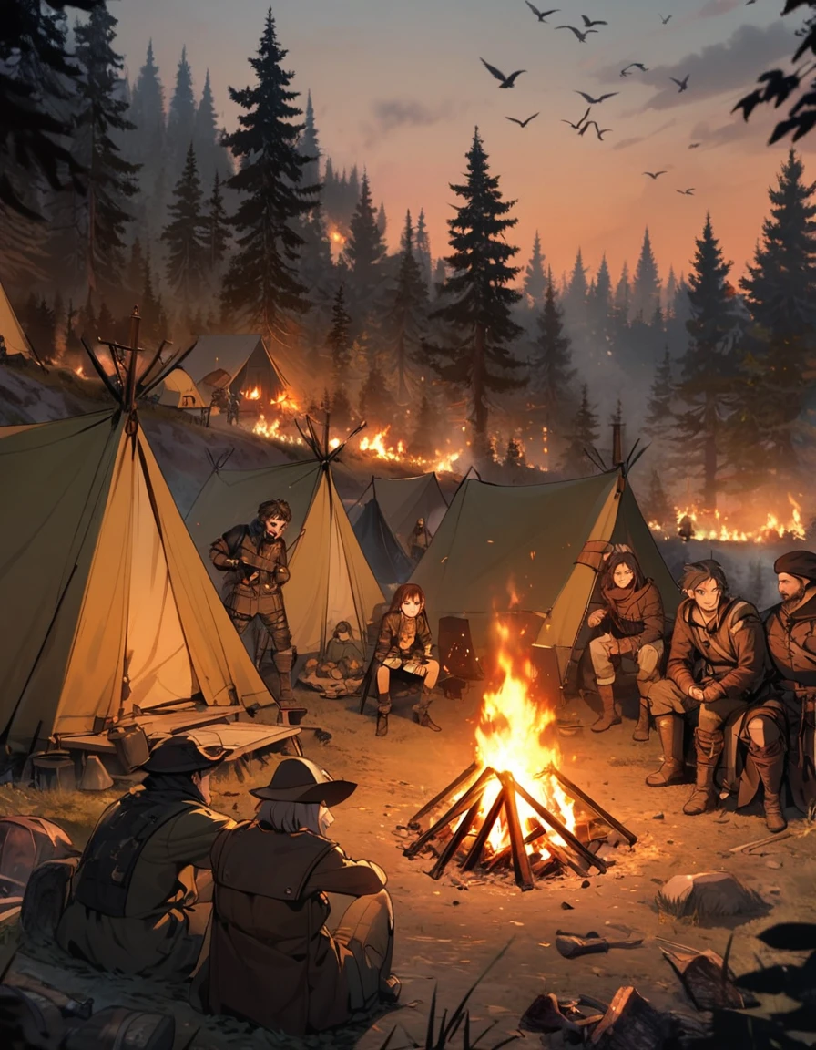A molded steel cage box covered in leather, surrounded by bandits, double carriage, camp fire, middle of the forest, tent, bird's view angle, black fantasy, cinematic lighting