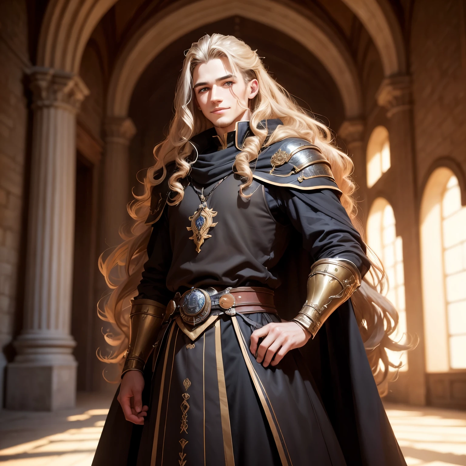 ((best qualityer)), ((work of art)), (detailded), 8k, 4K, hight contrast, work of art, Meticulous attention to facial features and hair strands, young man, an adventurous man with long curly blond hair,barba ,black mantle,layer , full body pose ,Grinning,battle costume ,slightly-smile,in the background a castle hall ,clear lighting, detailed shadows