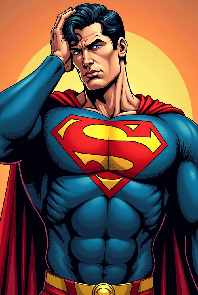 Superman stylized character, comics, Very detailed, 8k,holding my head、Troubled appearance、Troubled face、Holding his head