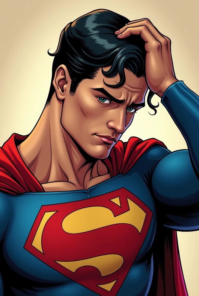 Superman stylized character, comics, Very detailed, 8k,holding my head、Troubled appearance、Troubled face、Holding his head