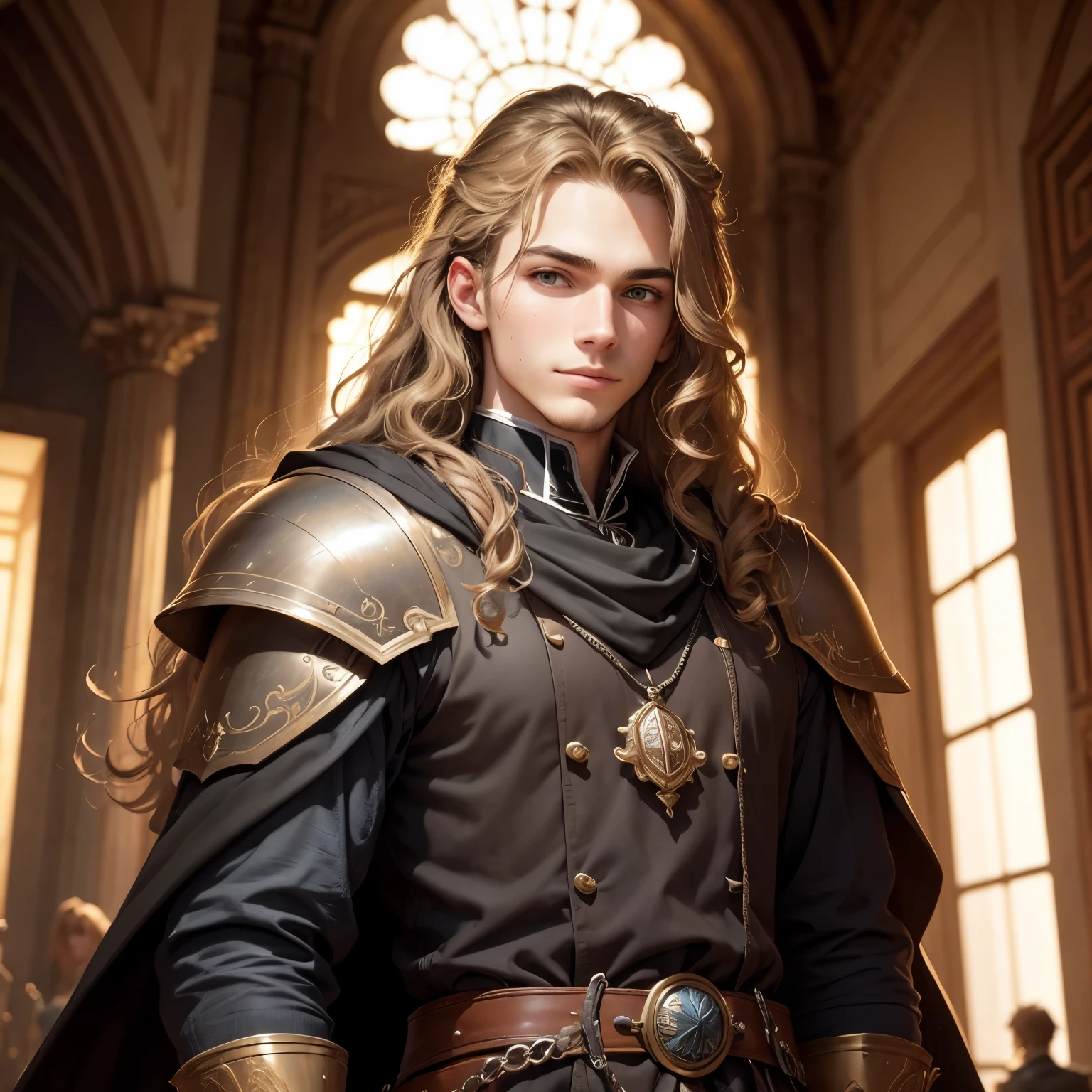 ((best qualityer)), ((work of art)), (detailded), 8k, 4K, hight contrast, work of art, Meticulous attention to facial features and hair strands, 15 year old young man, an adventurous man with long curly blond hair,black mantle,layer , Arms crossed pose ,battle costume ,slightly-smile,in the background a castle hall ,clear lighting, detailed shadows