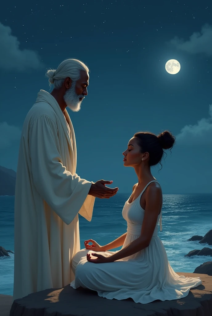 a brown woman, with a bun, of coasts sitting meditating, the night, with an ELDERLY black grandfather by his side, in white clothes, with his hand on her shoulder guiding her