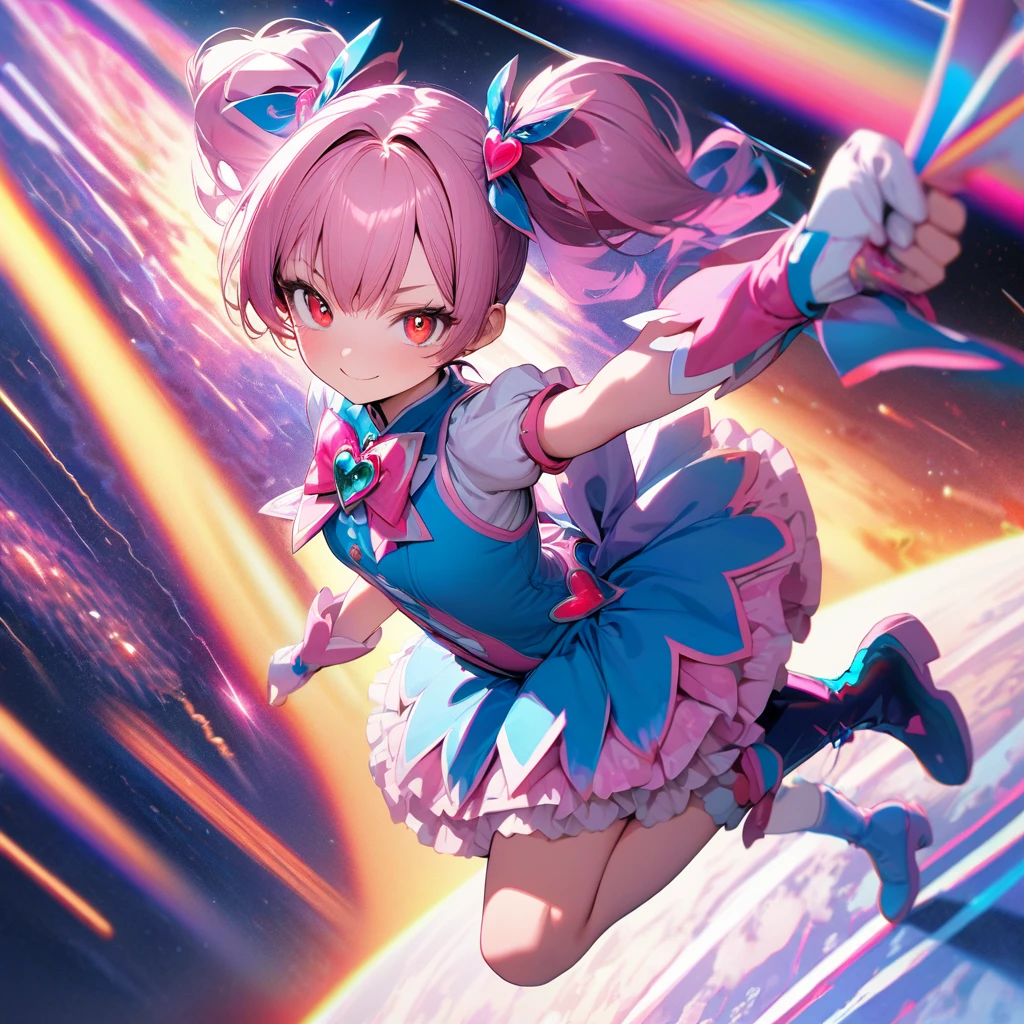 A futuristic flying star-shaped pastel-colored vehicle、❤、★、❤★❤🐇wing、Spaceship、kawaii tech,No people、rabbit