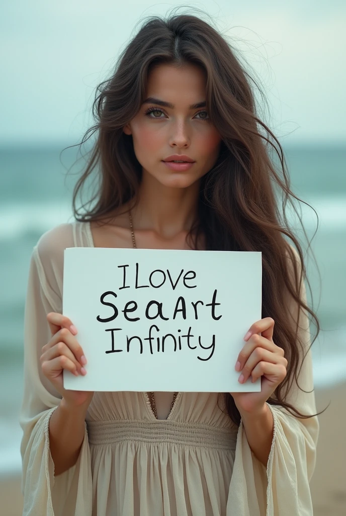 Beautiful girl with wavy long hair, bohemian dress, holding a white board with text "I Love Seaart Infinity" and showing it to the viewer