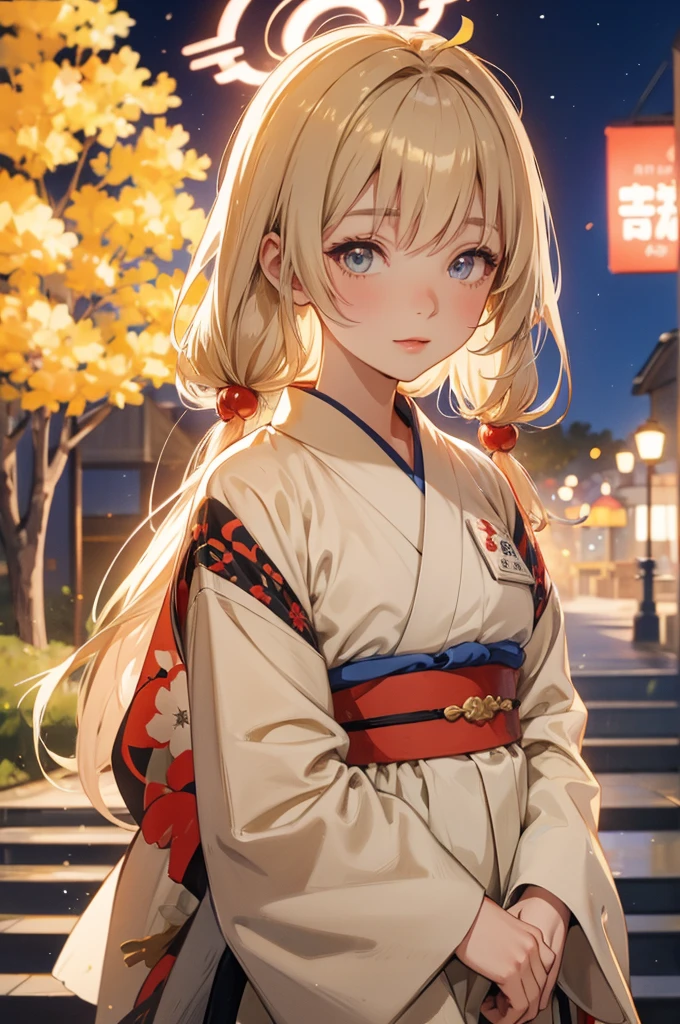 Takanashi hoshino kimono firework night, beige colored hair ,tailed haired 