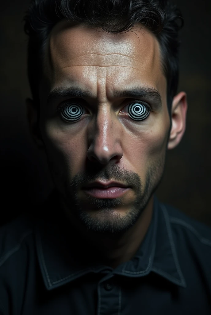 Create an image of a man who appears hypnotized. His eyes should have a swirling hypnotic pattern, with spirals or concentric circles that convey a trance-like state. The man’s expression should be blank or dazed, showing that he’s deeply under the influence of hypnosis. The background can be dark or abstract to emphasize the hypnotic effect in his eyes.
