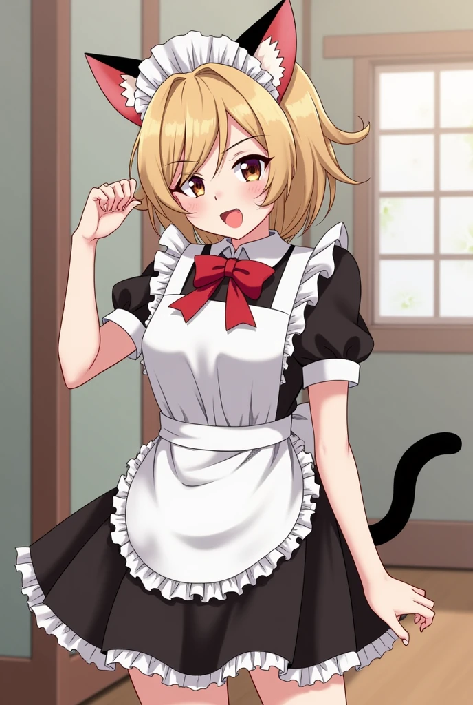 Katsumi (Bakugou female) with dull blonde hair held up and with spikes the hair, with maid outfit,with cat ears and cat tail

