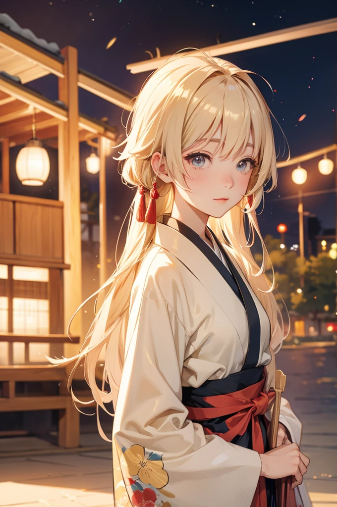 Takanashi hoshino kimono firework night, beige colored hair ,