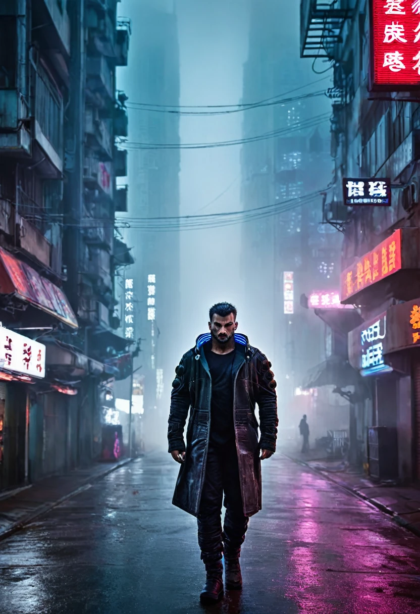 masterpiece, best quality, 1man, walking alone in the street, background is a cyberpunk city, cinematic lighting, conematic, the city is empty, foggy