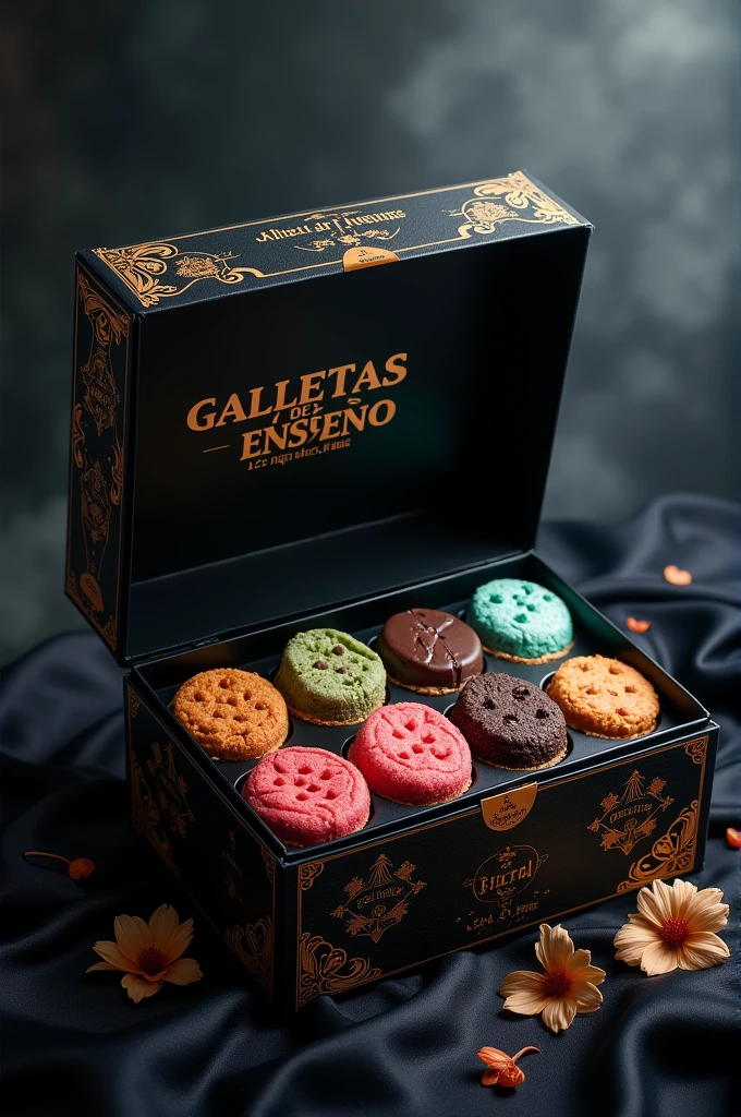 An open black box with gold design and writing GALLETAS de ENSUEÑO inside with 7 flavors of cookies ,the cookies are wrap in 7 different colour packets color with color of their flavor,the flavor are Ginger 
- Red Velvet 
- Chocolate 
- Mint
- Caramel
- Peanut
- Caramel 