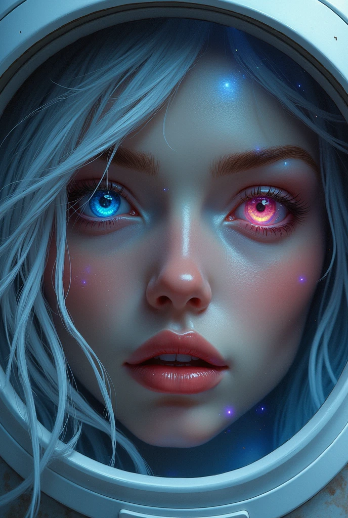 (Close-up of a better masterpiece:1.5)0.9], (Space and astronauts:1.2) (Messy silver hair:1.1) (Heterochromia xanthochromia and blue eyes:1.2) (Space Helmet:1.0) (Colored stars in the eyes:1.0) (A radiant glow:1.1) (thick lips:0.9)