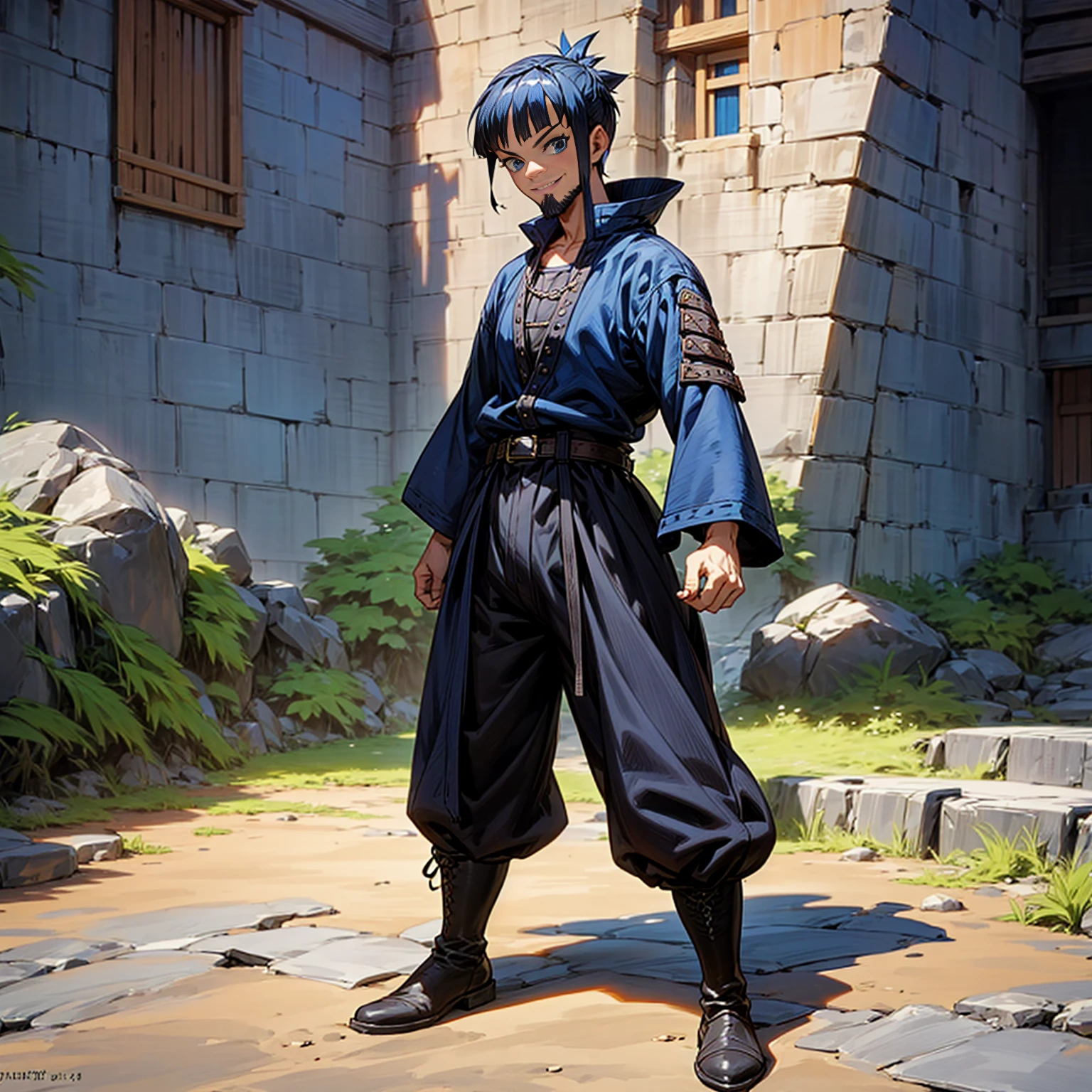 Solo character, old man, beard, full body version, blue eyes, black half blue colour hair, short mohawk haircut, casual clothing, black color clothing, black pants, belt, boots, outdoor, village, medieval, afternoon, standing gesture, detailed clothing, detailed hair, detailed background, (one piece style art), smile mouth, happy,