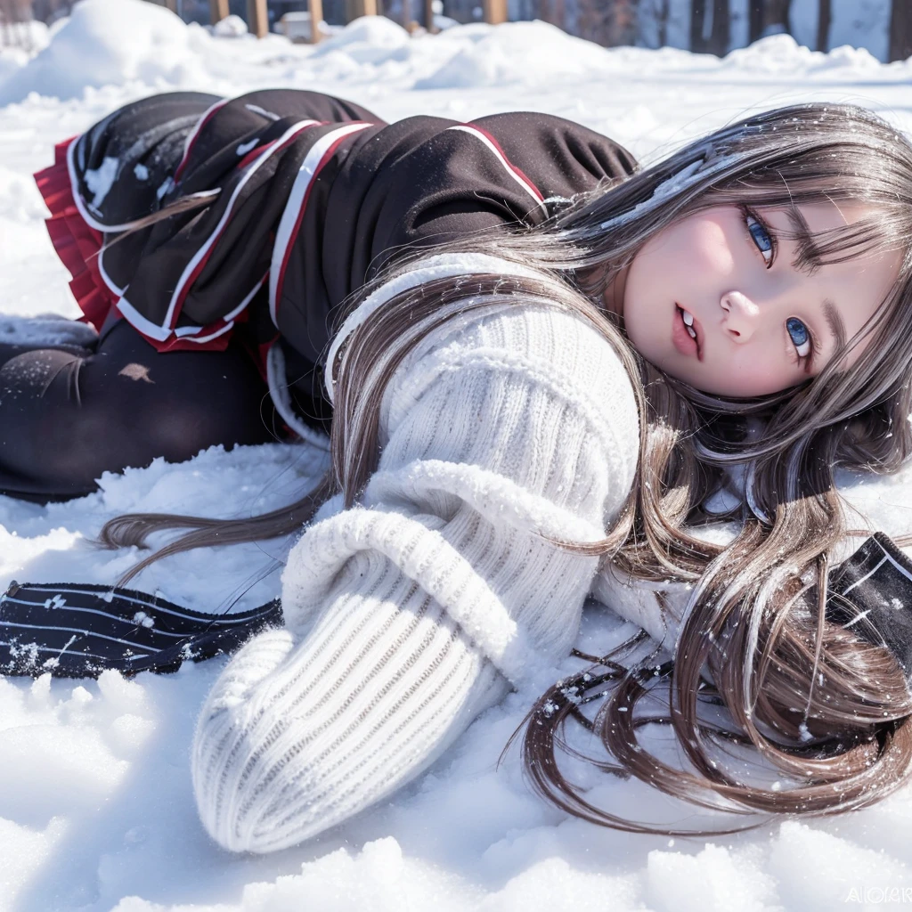 A high school girl with long silver hair is lying on the snow。A completely changed appearance。Like a corpse。Eyes wide open。Fearful expression。