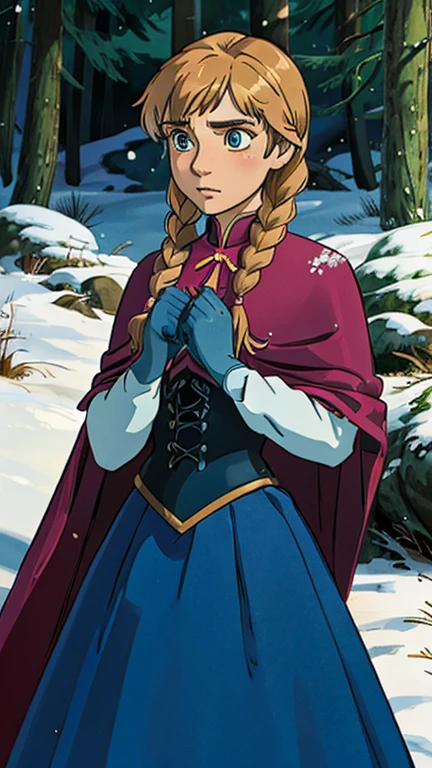 (a girl as AnnaWaifu), (extremely detailed CG unit 8k wallpaper),(master part), (best quality), (ultra detail), (best illustration),(ghibli style), cowboy shot,(Sharp eyeliner, ombre, detailed eyes:1), Snowy Forest, outdoors, GHIBLI_Background,break,upper body, blue dress, long skirt, elbow gloves, red cape, capelet, corset, twin braids