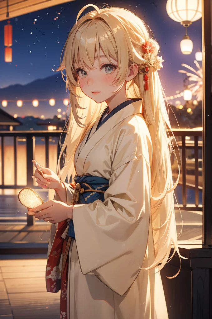 Takanashi hoshino kimono firework night, beige colored hair ,