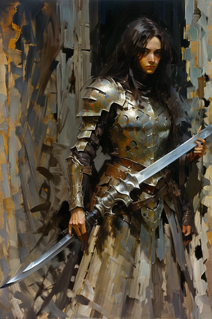 An oil painting of a white woman with dark long hair holding a sword wearing a metal armor