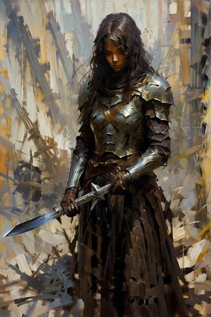 An oil painting of a white woman with dark long hair holding a sword wearing a metal armor