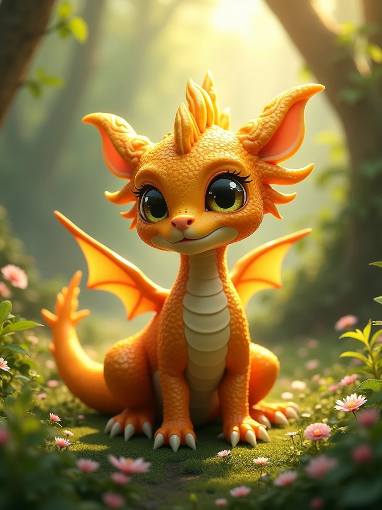 Imagine an enchanted kingdom called Draconia, where magic and nature are in perfect harmony. In the center of this kingdom, there is a small dragon called Aurus. Aurus is different from other dragons: its scales are a radiant gold that shines brightly in the sunlight, creating a dazzling effect. It has large, curious eyes and a small crest that shines with the same golden glow.