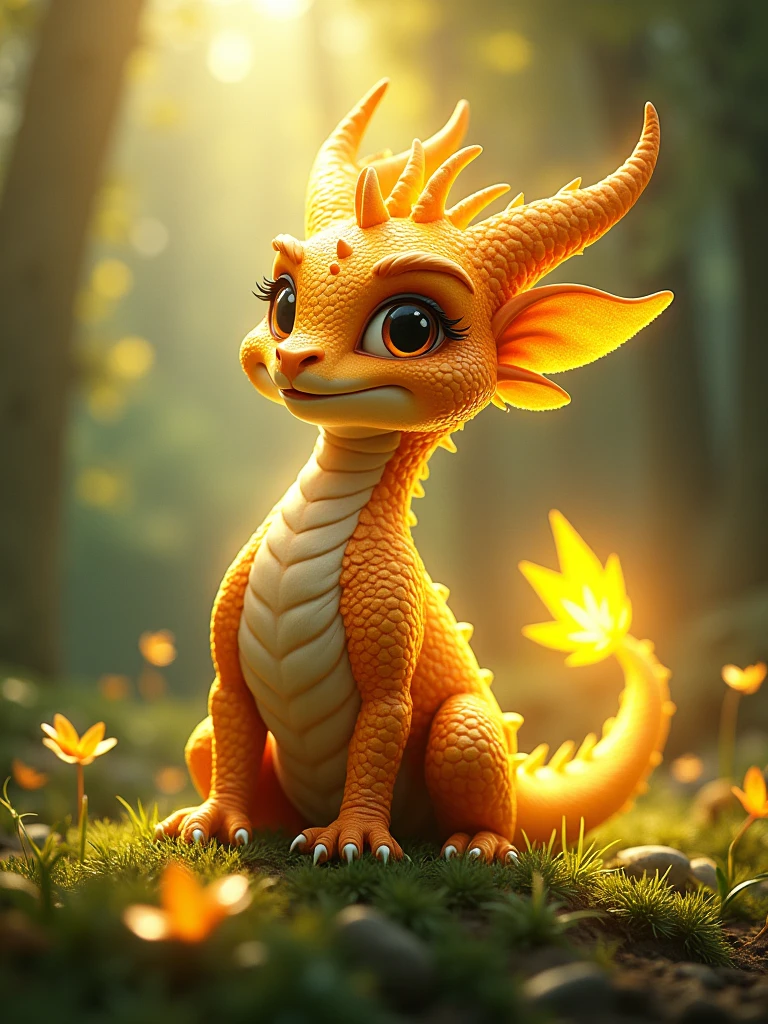 Imagine an enchanted kingdom called Draconia, where magic and nature are in perfect harmony. In the center of this kingdom, there is a small dragon called Aurus. Aurus is different from other dragons: its scales are a radiant gold that shines brightly in the sunlight, creating a dazzling effect. It has large, curious eyes and a small crest that shines with the same golden glow.