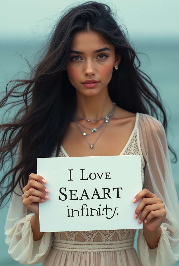 Beautiful girl with wavy long hair, bohemian dress, holding a white board with text "I Love Seaart Infinity" and showing it to the viewer