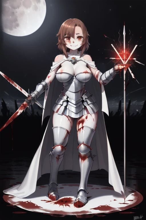 8k,(Asuna(star): 1.6),A girl, Alone,(perfect anatomy:1.43), (medium hair:1.55) ,(half up:1.45),hits, Brown eyes,fine eyes,(sad smile:1.3),white thighs,(Brown hair:1.6),blood soaked boots,(18 years:1.5),Whole body,(fusion of bloody white silver full plate armor and blood soaked long cape:1.63),(bare shoulders:1.5),(mini skirt:1.26),(holding a rapier soaked in blood:1.43),(Standing on the blood pool battlefield of the moonlit night.:1.52),fancy,(blood effect:1.53),to throw,eye level view,(drop shadow:1.21) huge tits:1.4