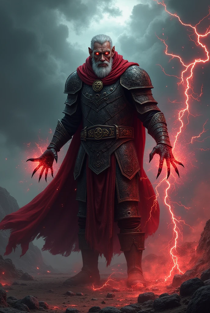 An old man wearing black armor and a red tunic over it, with the ability to create red thunder and with black claws
