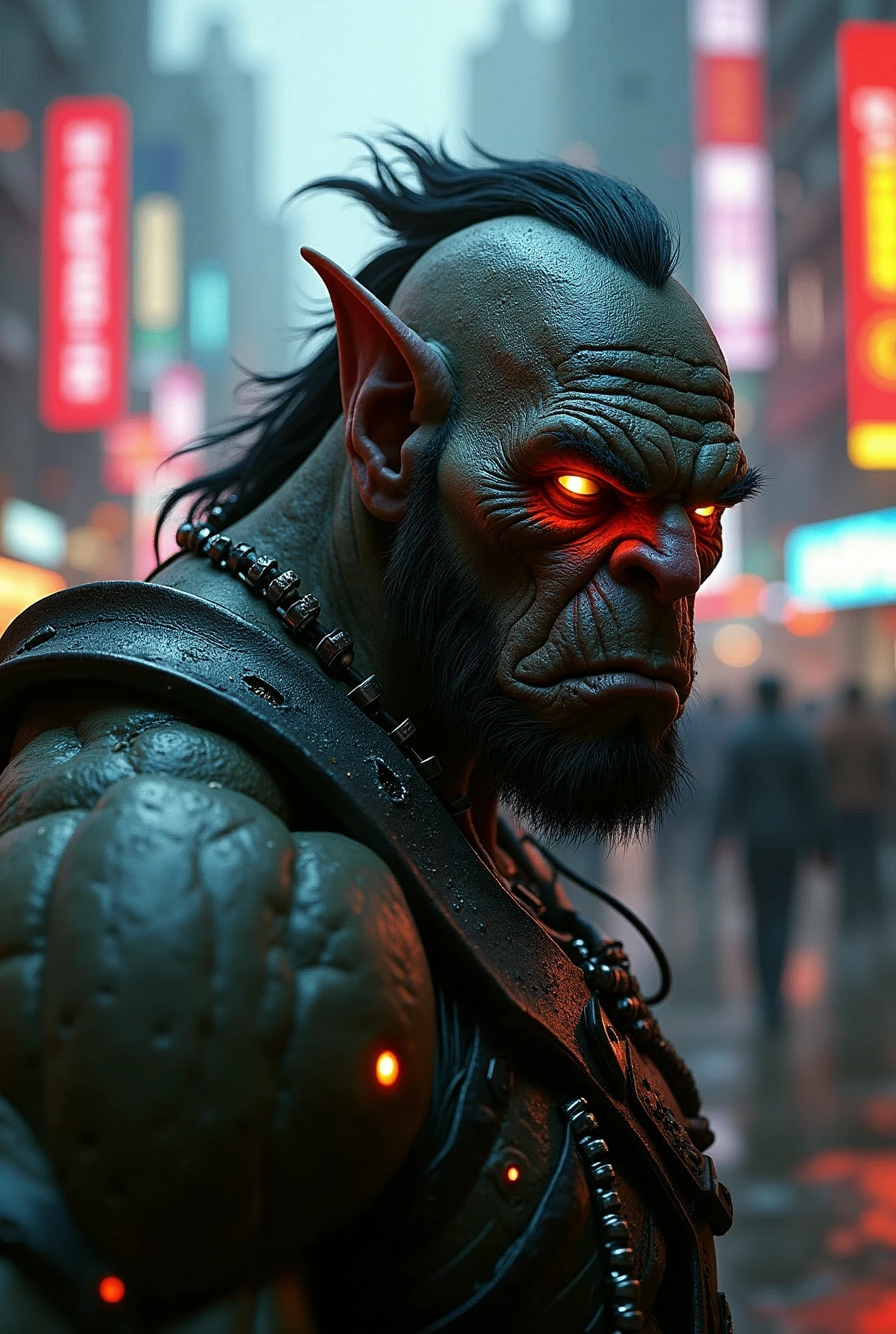 Portrait , Orc in street ciberpunk