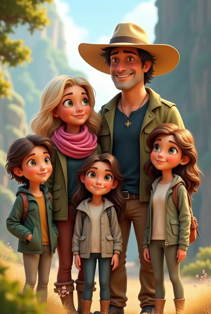 In the image that will be the cover of a charming Pixar-style story, a family of five happily poses in a place full of symbolism and magic, ready to start a great adventure. **Characters:** - **The Mother:** She is a woman with a warm look, with a natural glow that illuminates others, brown eyes. She wears a pink scarf that contrasts beautifully with her blonde hair that falls in soft waves on her shoulders. He wears an olive green jacket over a black t-shirt, with light shorts. - **The Father:** At his side is the father, an older person with an adventurous appearance, with a beige safari hat that gives him an explorer air. His eyes are light green and he has gray hair on the sides of his head. and he is 50 years old. He wears a blue polo shirt and a light green jacket that protects him from the weather. - **The Eldest Daughter:** To the right of the father, the eldest daughter is a young woman with long hair very curly from the roots that cascade around her face, brown eyes. She is wearing a gray jacket and a happy expression on his face, with a big smile that radiates enthusiasm and adult energy. The size is up to the mother's shoulder. - **The Middle Daughter:** At her side, the middle daughter, sports a loose hairstyle and wavy hair that is very long to her waist, brown eyes, and wearing a gray jacket over a white t-shirt. She is a 16 year old teenager. - **The Youngest Daughter:** Finally, the youngest daughter, to the mother's left, is a girl with very straight, waist-length hair with strands surrounding her face, and brown eyes. She is wearing a light gray sweatshirt. and his smile is so wide that it seems to infect everyone around him.