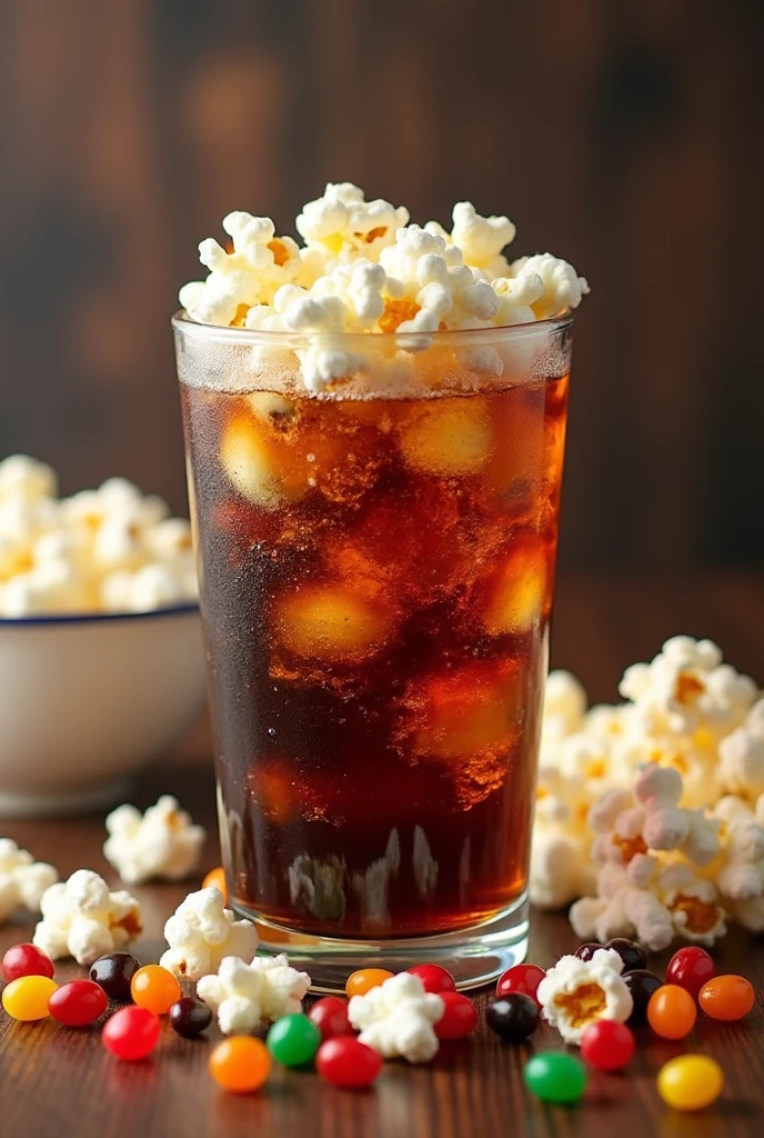 A combo that includes: large popcorn, a soda in a glass and jelly beans


