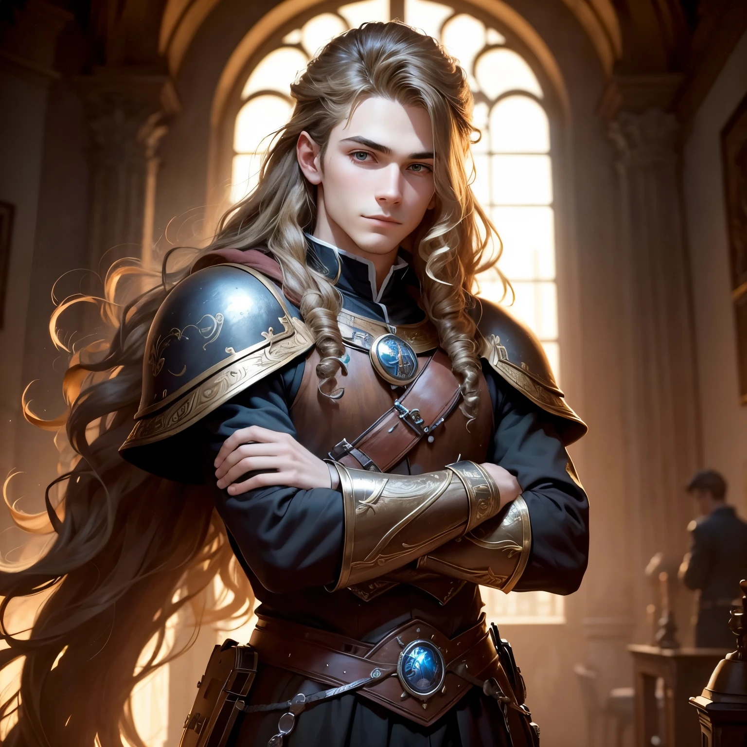 ((best qualityer)), ((work of art)), (detailded), 8k, 4K, hight contrast, work of art, Meticulous attention to facial features and hair strands, 15 year old young man, an adventurous man with long curly blond hair,black mantle,layer , Arms crossed pose ,battle costume ,slightly-smile,in the background a castle hall ,clear lighting, detailed shadows
