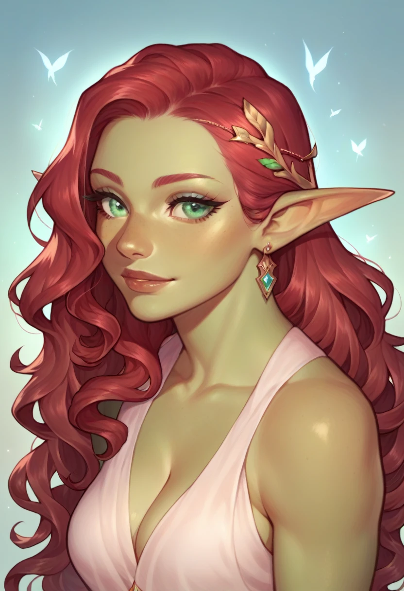 score_9, score_8_up, score_7_up, elf woman, beautiful eyes , red hair, wavy hair