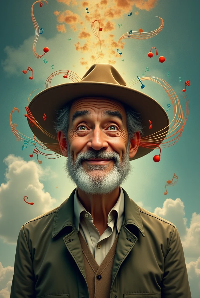 Man with hat with music coming out of his ears
