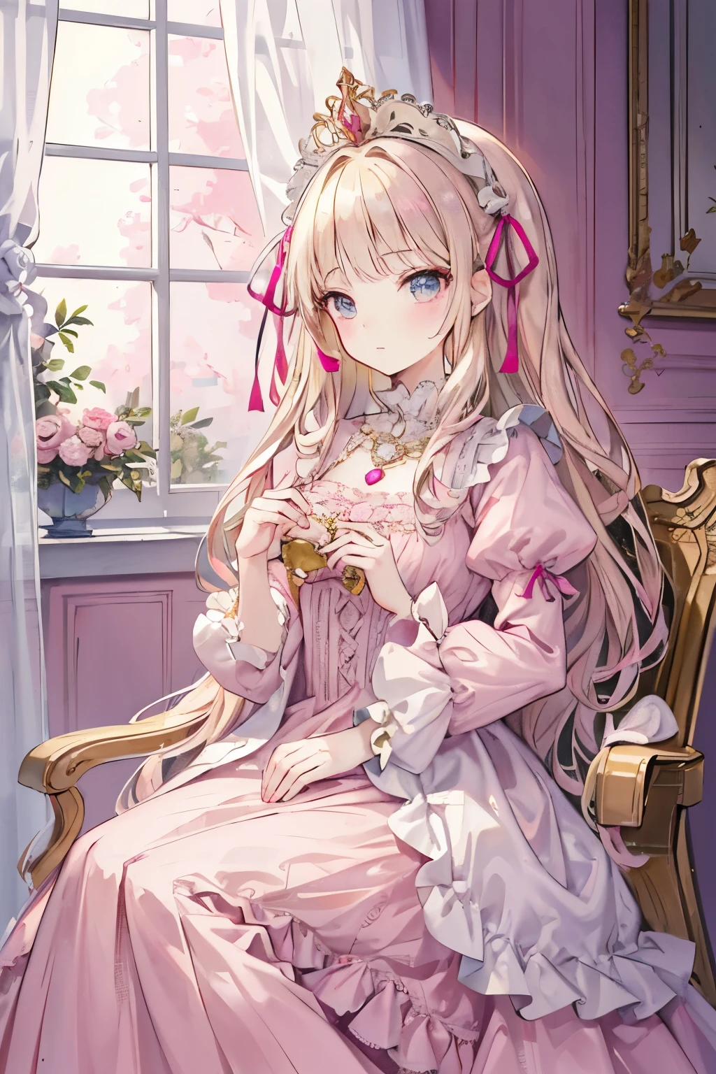 (8K, best quality, master piece: 1.2), super high resolution,14yo,Marie-Antoinette,ultra-detailed face,detailed eyes,Mouth slightly open,(blonde hair),long hair,wavy hair, BREAK,rococo frill dress,long sleeve dress,The dresss includes an ultra-long skirt,baroque dress, intricate fantasy dress, ornate ruffle y dress, romantic dress, ruffle y outfit,ruffles, lolita style, formal wear, fancy fashion, palate colors include pink and white,(pink:1.5),class A smiling face,gold tiara, necklace,Sitting in a luxurious chair,hand on own knees,(iridescent light:1.4),,Profile shot of a person looking out a window,The rosebush is reflected in the window,(inside Victoria Palace)