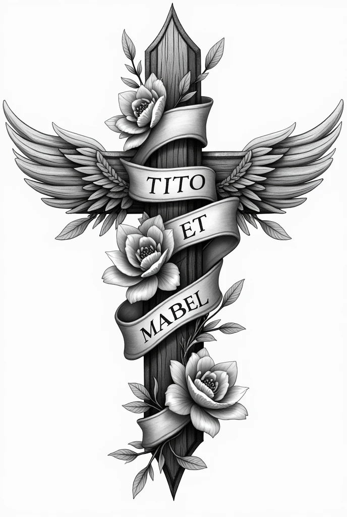 make a cross with a ribbon that wraps it and where it goes "TITO ET MABEL", decorated with flowers and angel wings, in gray scale, which looks like a tattoo.
