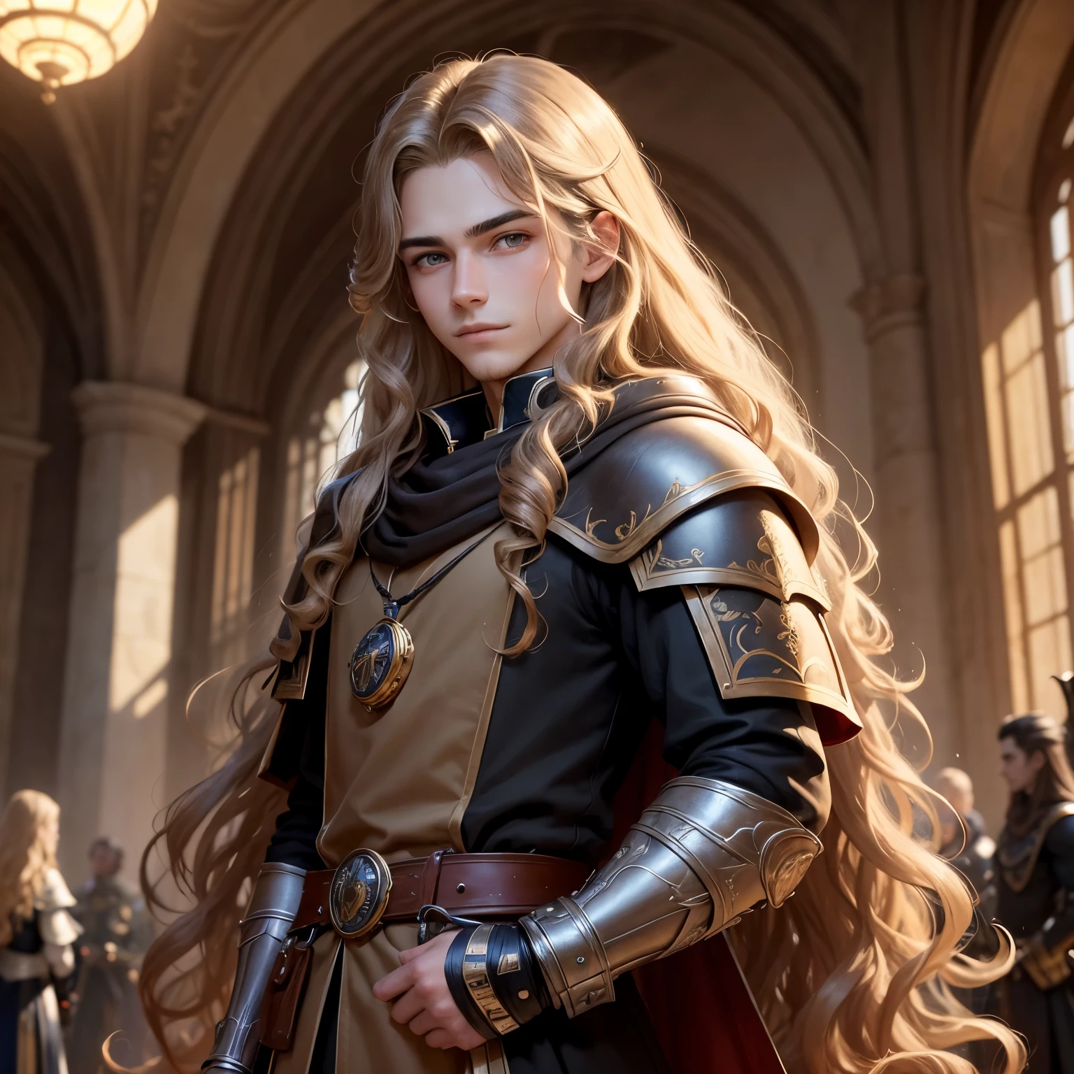 ((best qualityer)), ((work of art)), (detailded), 8k, 4K, hight contrast, work of art, Meticulous attention to facial features and hair strands, 15 year old young man, an adventurous man with long curly blond hair,black mantle,layer , Arms crossed pose ,battle costume ,slightly-smile,in the background a castle hall ,clear lighting, detailed shadows