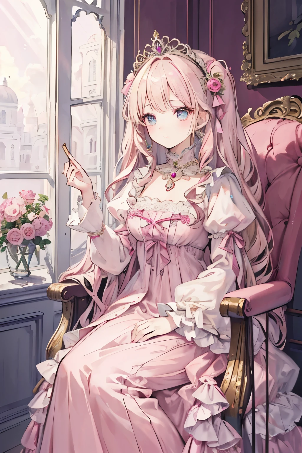 (8K, best quality, master piece: 1.2), super high resolution,14yo,Marie-Antoinette,ultra-detailed face,detailed eyes,Mouth slightly open,(blonde hair),long hair,wavy hair, BREAK,rococo frill dress,long sleeve dress,The dresss includes an ultra-long skirt,baroque dress, intricate fantasy dress, ornate ruffle y dress, romantic dress, ruffle y outfit,ruffles, lolita style, formal wear, fancy fashion, palate colors include pink and white,(pink:1.5),class A smiling face,gold tiara, necklace,Sitting in a luxurious chair,hand on own knees,(iridescent light:1.4),,Profile shot of a person looking out a window,The rosebush is reflected in the window,(inside Victoria Palace)