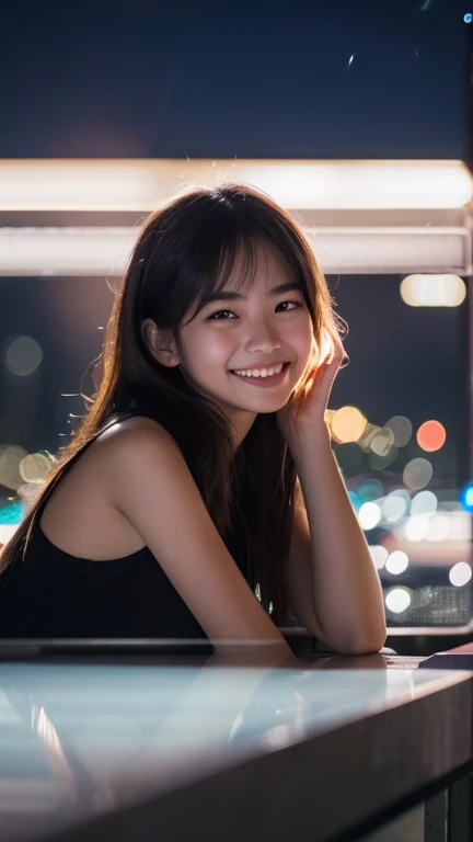 1girl, idol, model, depth of field, photo, film, face, skinny, smile, collarbone, teeth, movie, camisole, selfie, night,