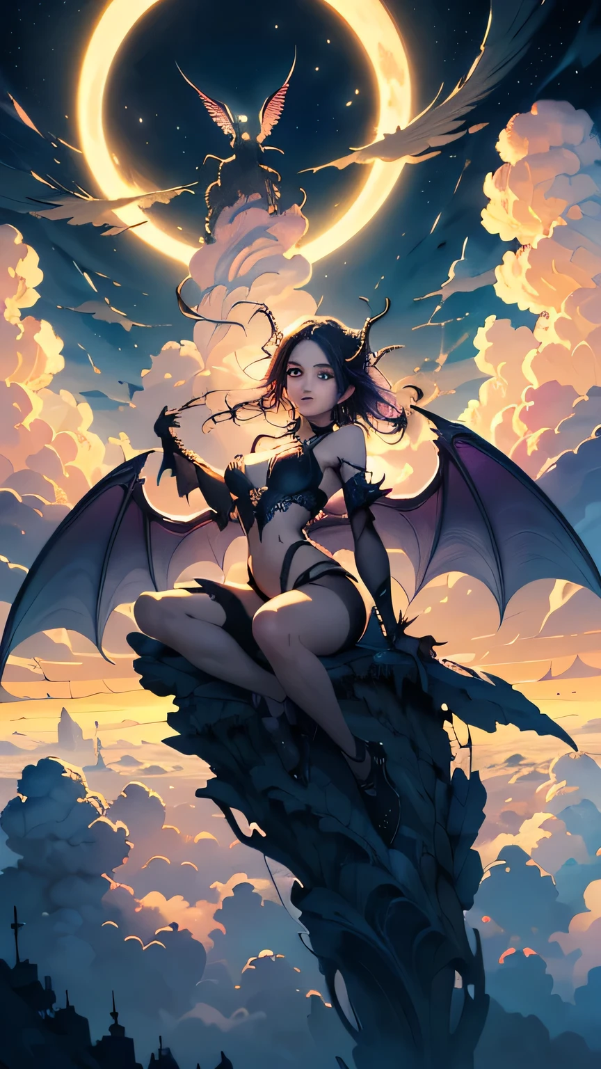 ((best quality)), ((masterpiece)), (detailed), alluring succubus, ethereal beauty, perched on a cloud, (fantasy illustration:1.3), enchanting gaze, captivating pose, delicate wings, symmetrical wings, otherworldly charm, mystical sky, (Luis Royo:1.2), (Yoshitaka Amano:1.1), moonlit night, warm colors, colorful, (detailed cloudscape:1.3), (high-resolution:1.2), (front view)