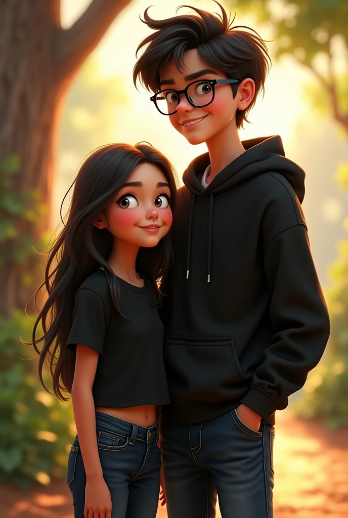 Now make a Disney themed image of a girl with black hair wearing jeans and a black shirt next to a taller boy with wavy hair and black glasses wearing jeans and a black sweatshirt.
