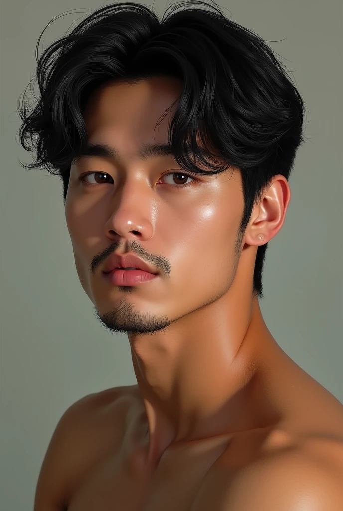 28-year-old man with similar features to South Korean Jungkook. The man has tanned skin, chin-length hair and visible beard