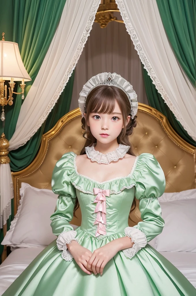 highest quality, masterpiece, highest resolution, artwork, super それにget used to it, many get used to it, get used to it, それにget used to it, 3k realistic pictures,,(( girls)),Ultra-detailed juvenile face,ultra-detailed beautiful little girls,girlsrincess,full length ball gown dress with hoop skirt,ruffled yoke collar,puff sleeves,long sleeve,((Lolita style light green detailed princess satin dress with lots of ruffles and ribbons)),Rococo style lolita fashion,shiny satin dress,Soft and smooth fabric,detailed princess dress,luxury,long blonde hair,blue eyes,white skin european,Pajama,((in the bedroom of the palace)),luxury princess canopy king size pink bed,shiny satin sheets,ultra-detailed princess bed,High-quality background,lot of frilled pillows,on the bed,
