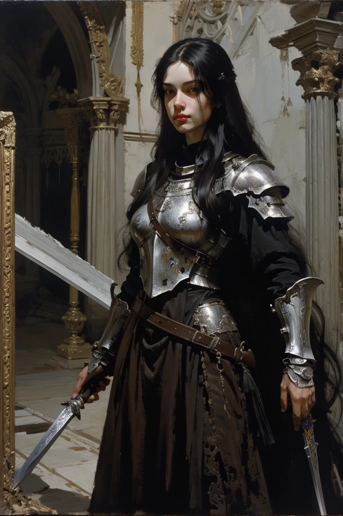 An oil painting of a white woman with dark long hair holding a sword wearing a metal armor