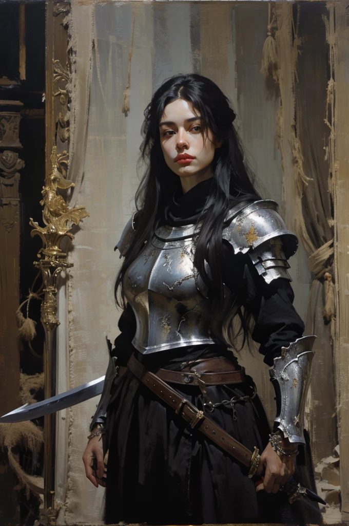 An oil painting of a white woman with dark long hair holding a sword wearing a metal armor