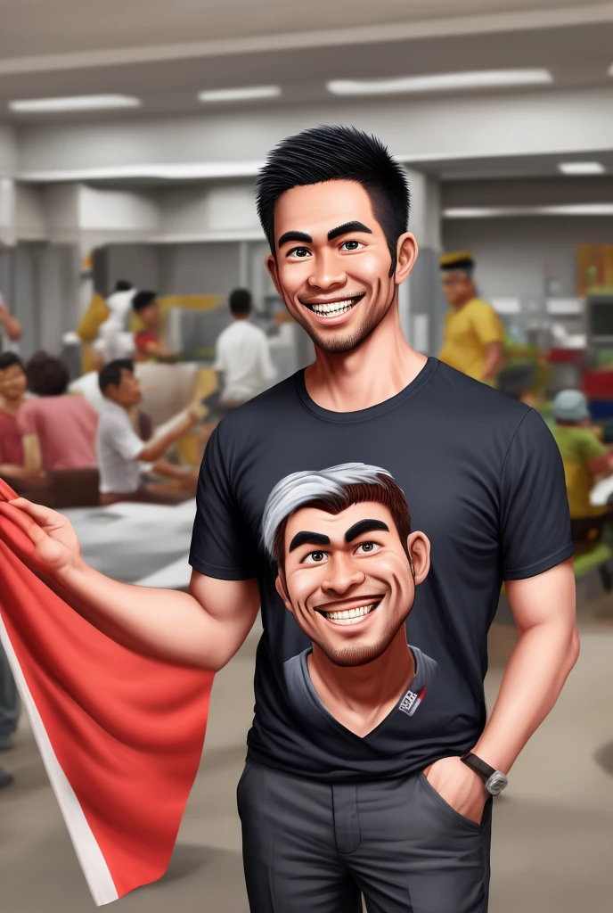 4D caricature of handsome man. 32 years old. from Indonesia. wearing a t-shirt that says kaka manyaka. work trousers and work shoes. smiled thinly showing teeth,
in the background there are Indonesian people holding red and white flags. realistic, HD