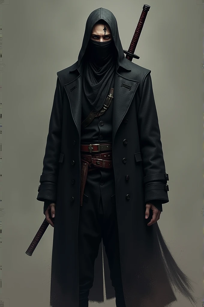 A person with a katana on his back, with a scar on the left eye, wears a black overcoat and has 1,65 tall and wears a black mask and a black tram
