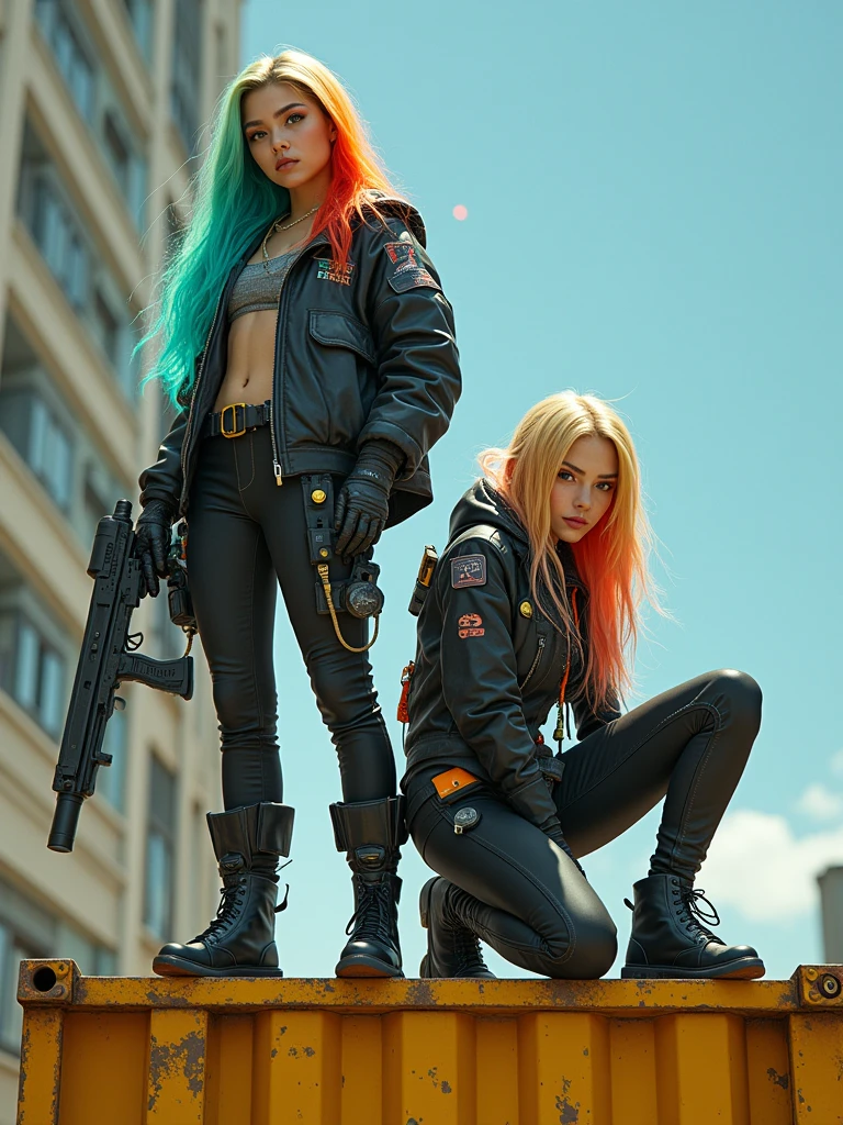 A young woman, around 18 years old, with long hair that starts as a bright celeste at the roots and gradually transitions into a vibrant orange towards the tips. She has a confident yet innocent expression, in a cyberpunk style, and Asian facial features. The scene is viewed from a very low angle, with the camera positioned on the ground, below the height of the yellow steel container she is standing on, emphasizing her imposing presence. The worn yellow steel container shows signs of age and use, with chipped paint revealing the raw metal underneath. The woman is standing in a pose that forms the shape of an 'A' with her legs apart and her body slightly leaning forward, emphasizing her stance and power. She is wearing a sexy two-piece swimsuit detailed with cyberpunk elements: there are miniature compasses, digital indicators, and small tubes integrated into the fabric, all glowing with a futuristic light. The swimsuit is sleek but visually complex, saturated with high-tech details that give it a very advanced and cybernetic look. She also wears cyberpunk-style boots and gloves that match her outfit. Next to her is another young woman with facial features typical of Northern Europe. She has blonde hair and blue eyes. This second woman is in the Patches pose, crouching with her arms resting on her knees, looking mischievous. She is also on top of the yellow steel container and is wearing a two-piece swimsuit with similar cyberpunk details, as well as matching boots and gloves. Both women are facing forward, looking directly at the camera. Their feet are clearly visible in the shot. Both women are part of a futuristic setting, and part of the sky is visible in the shot, adding depth and a sense of openness to the scene. In the right hand of the first woman, she holds a cyberpunk-style weapon, a sleek and futuristic firearm with glowing accents. The first woman is smiling innocently as she looks ahead, with subtle glowing data streams surrounding her, indicating her extraordinary abilities in this high-tech world.",
"size": "1024x1024