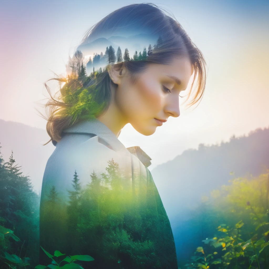 woman, Martin Dietrich style, Double Exposure Photography, Nikon 14-24mm f/2.8G and, Nature Photography, Soft Light 、Colorful images、