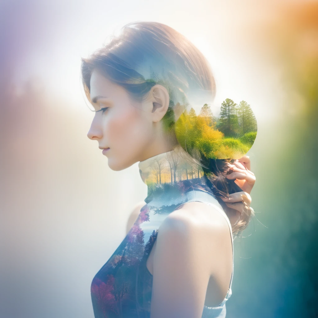 woman, Martin Dietrich style, Double Exposure Photography, Nikon 14-24mm f/2.8G and, Nature Photography, Soft Light 、Colorful images、